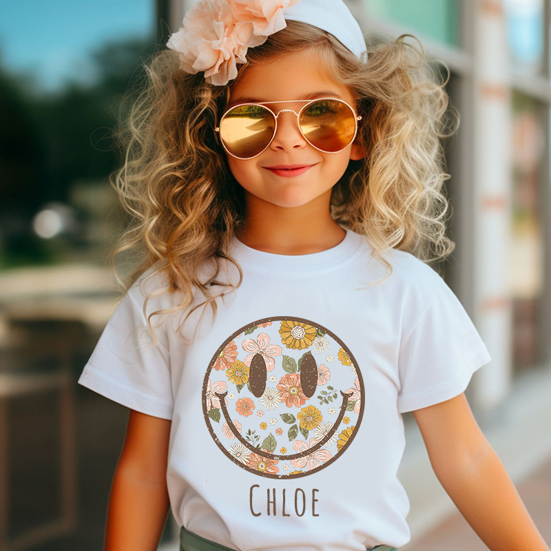 Personalized Girls Retro Floral Smiley Face T-Shirt| Cloth1423