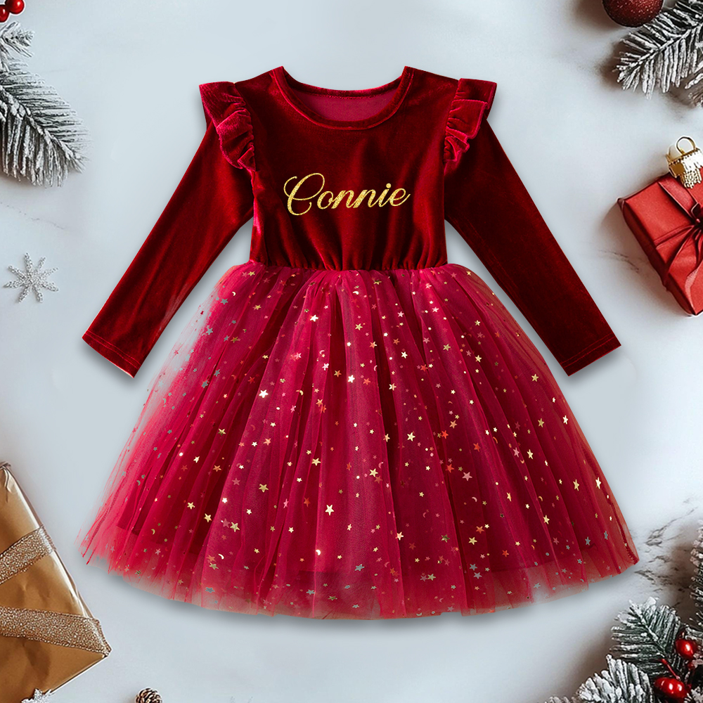 Personalized Girl Christmas Star Sequin Tulle Dress|YESMC05