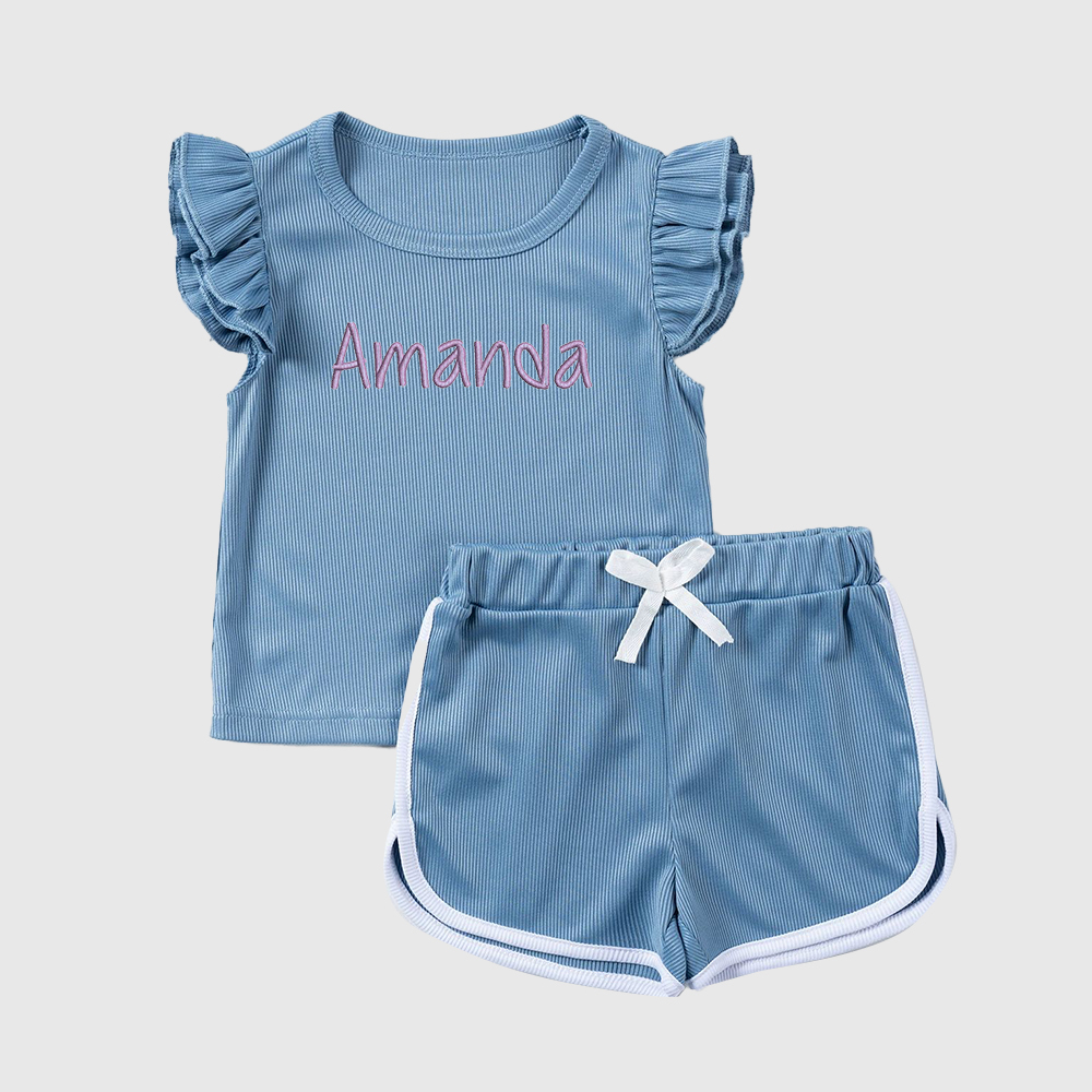 ]Personalized Girl Summer Ruffle T-Shirt and Shorts Set| Cloth233