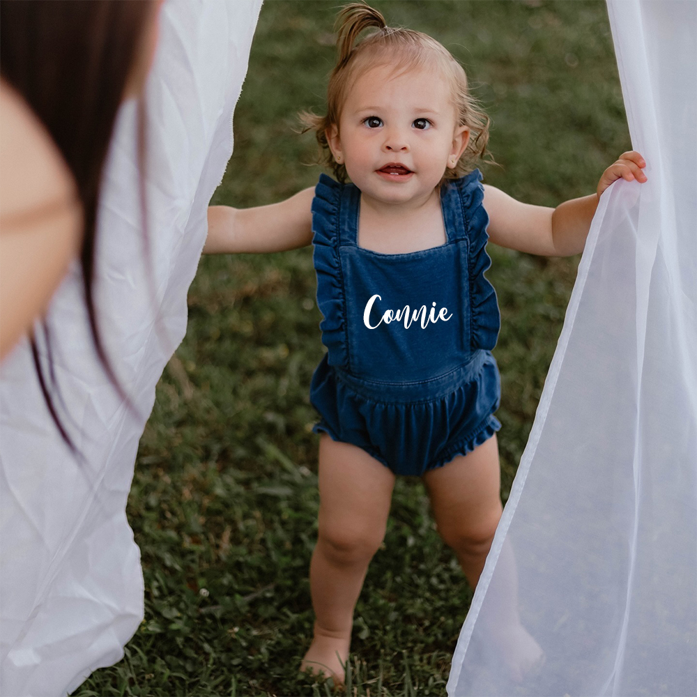 Personalized Baby Girl Ruffle Denim Blue Romper| BBCloth94