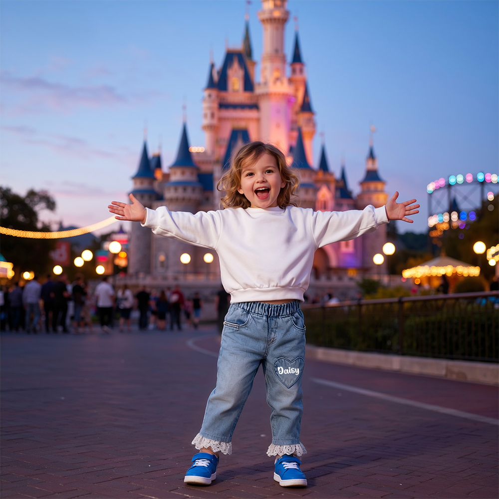 Personalized Girl Denim Jeans with Lace and Heart| Pants24