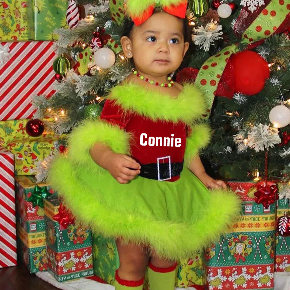 Personalized Girl Christmas  Baby Velvet Dress With Headband|YESMC11