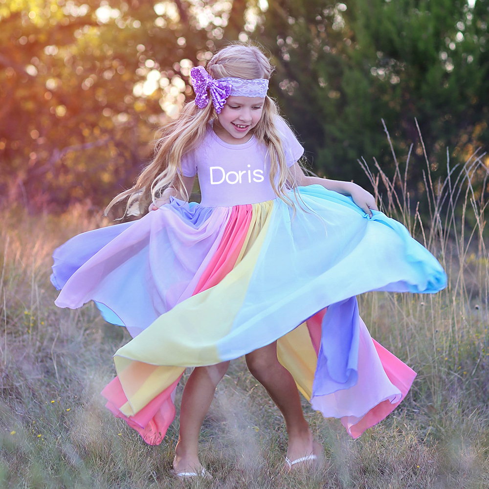Personalized Girl Rainbow Twirly Party Dress| Dress23