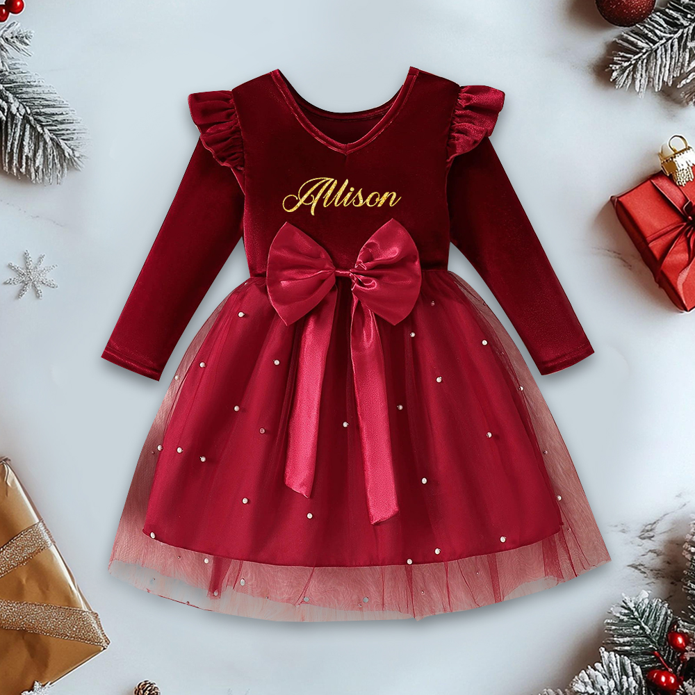 Personalized Girl Christmas Bow Red Tulle Dress| YESMC27