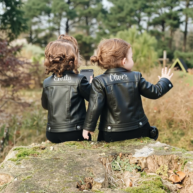 Personalized Kids Embroidered Zip Up Faux Leather Jacket| Cloth250
