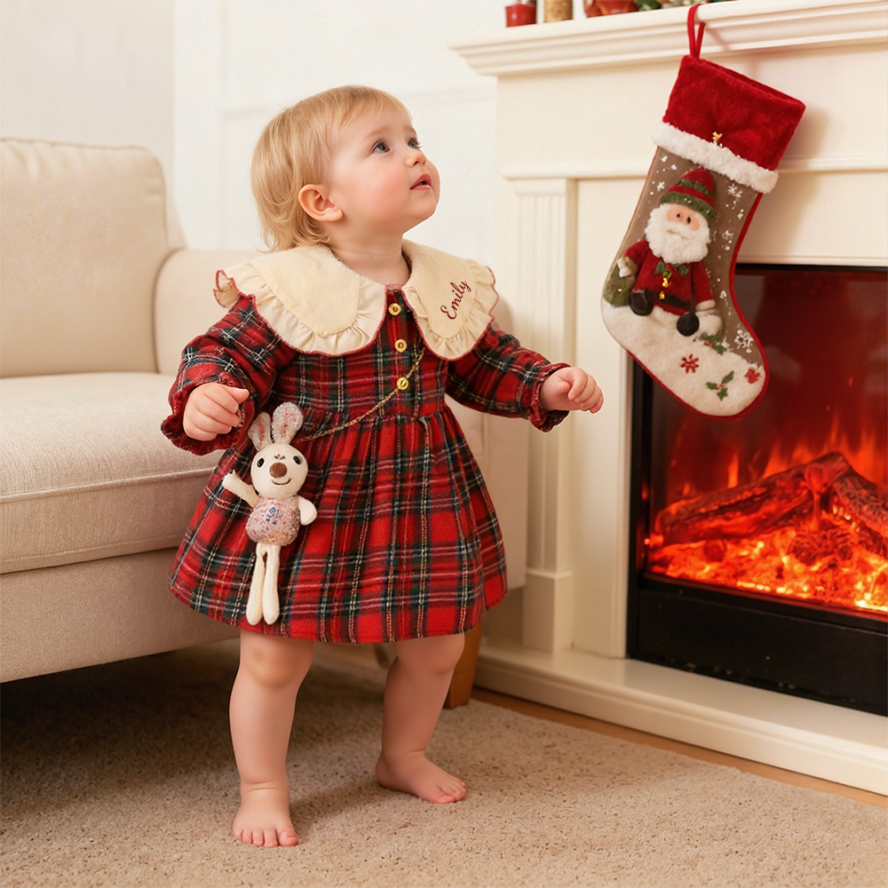 Personalized Baby Girl Peter Pan Collar Dress With Bunny Bag| YESMC28