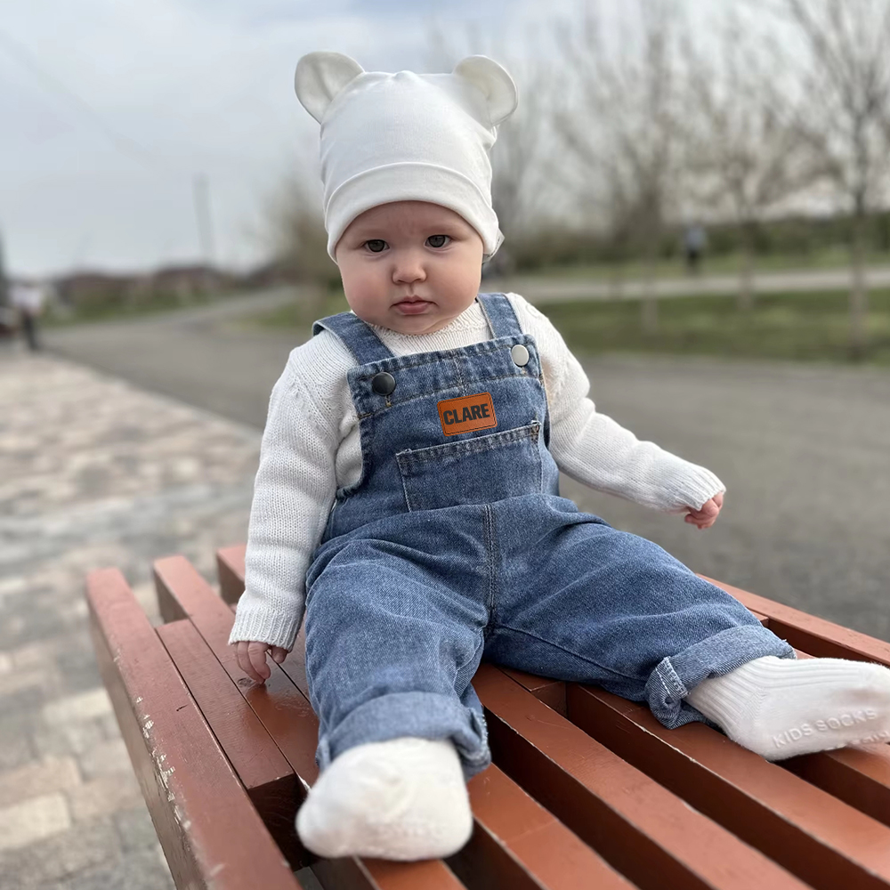 Personalized Kids Leather Patch Denim Overalls| Pants03