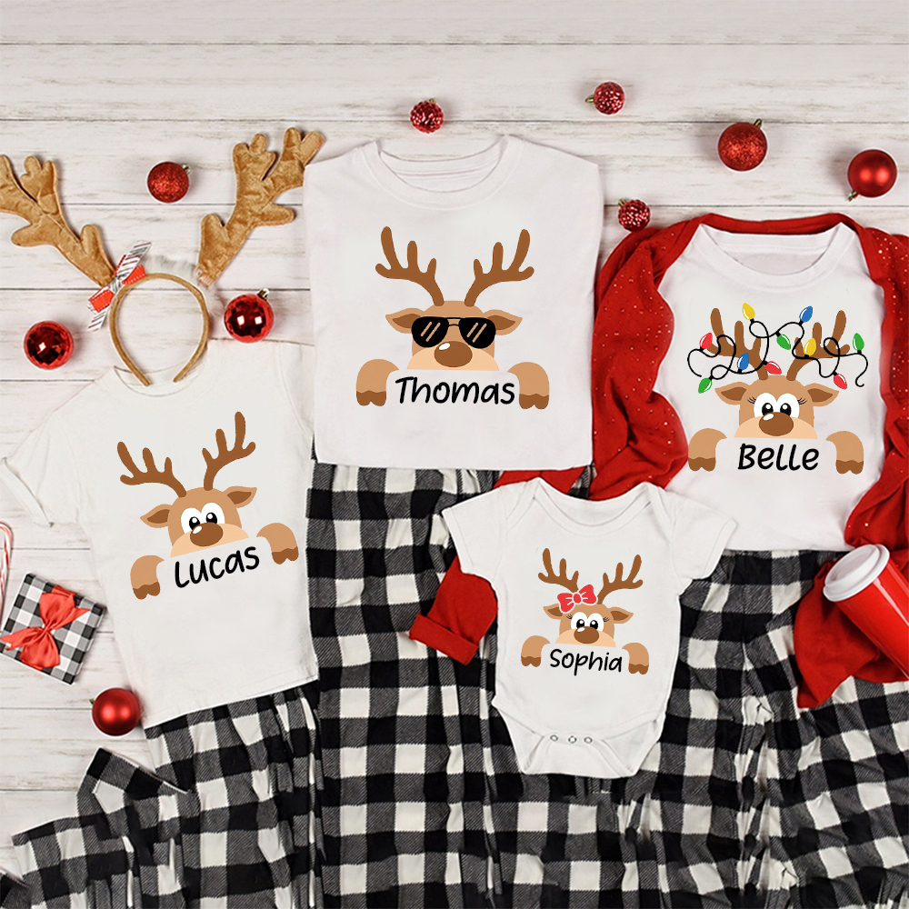 Personalized Reindeer Family Christmas Monogrammed Name T-Shirt| Match0418