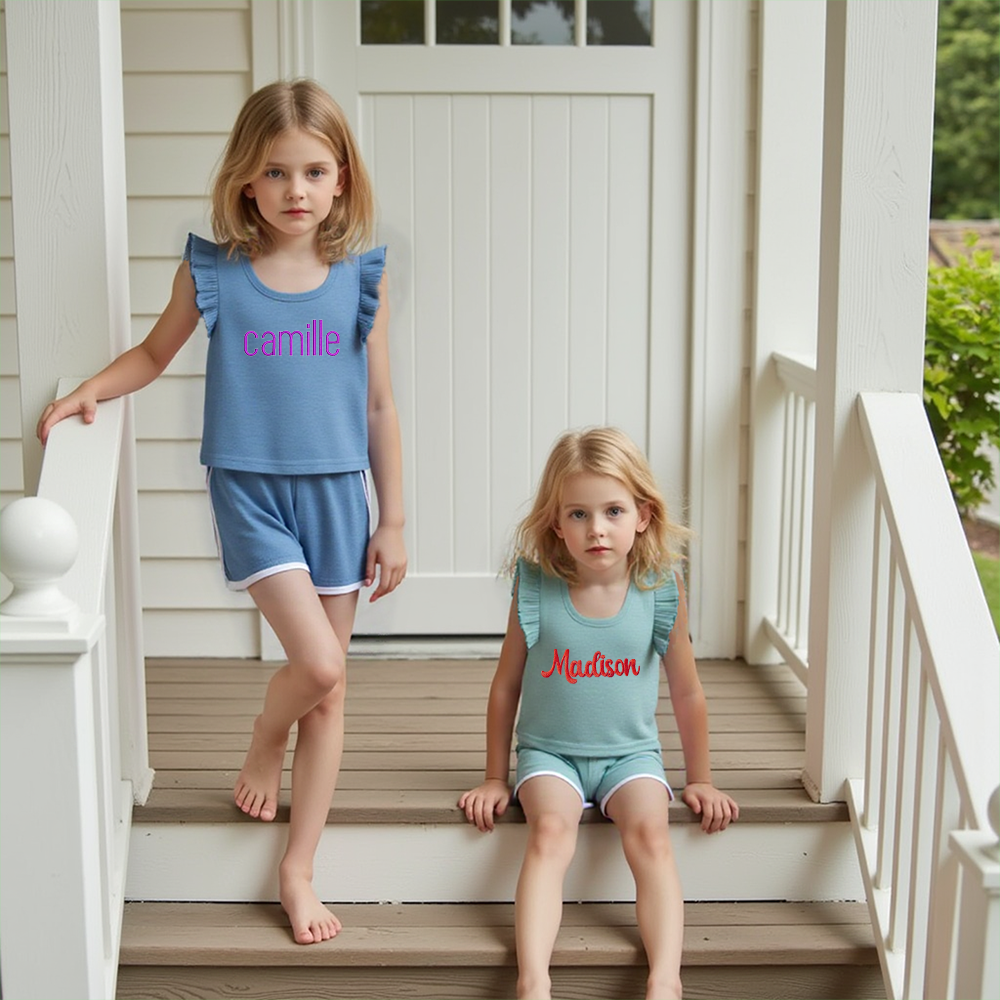 ]Personalized Girl Summer Ruffle T-Shirt and Shorts Set| Cloth233