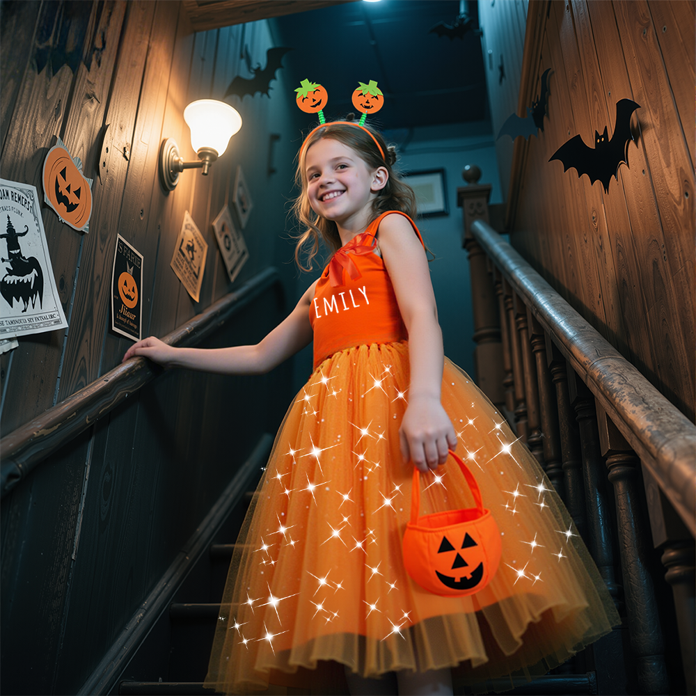 Personalized 3Pcs Girl Halloween Pumpkin Led Dress| YESHalloween06