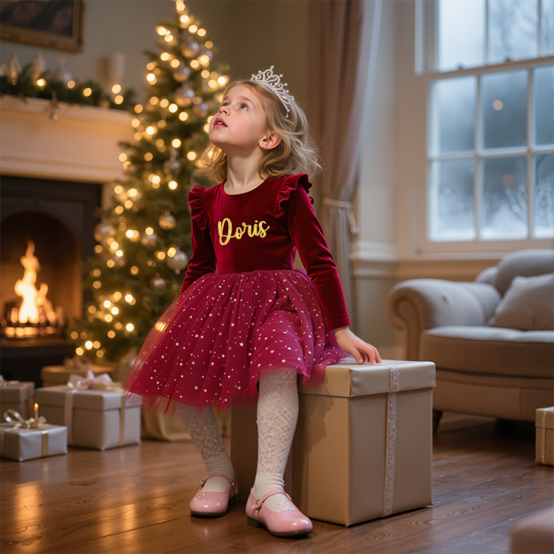 Personalized Girl Christmas Star Sequin Tulle Dress|YESMC05