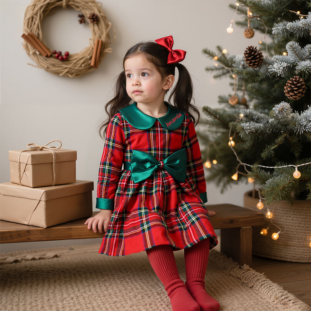 Personalized Girl Christmas Big Bow Doll Collar Dress|YESMC06