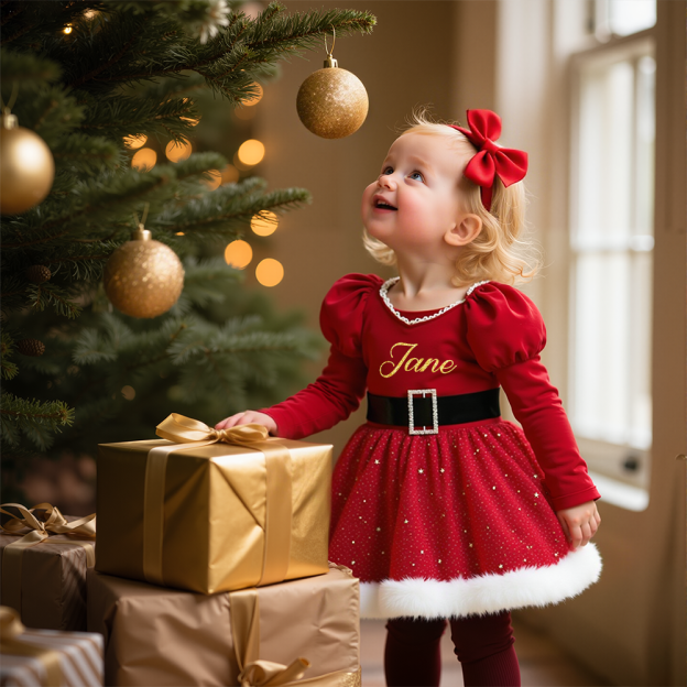 Personalized Christmas Girl Bow With Puff Sleeve Star Mesh Dress|YESMC08