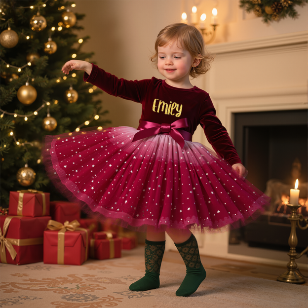 Personalized Christmas Girl Bow Star Mesh Party Dress|YESMC10