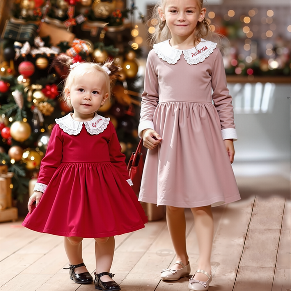 Personalized Christmas Girl Elegant White Doll Collar Dress|YESMC09