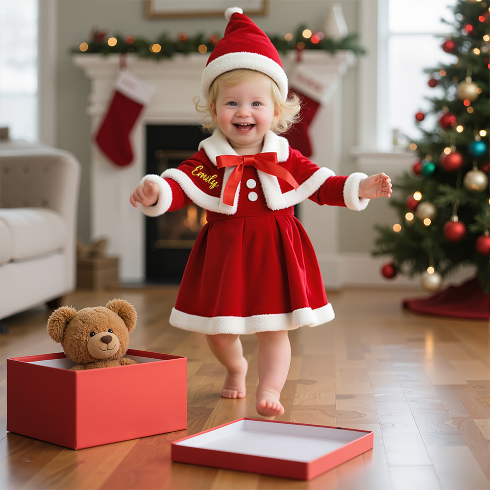 Personalized Girl Christmas Dress Set with Cape & Santa HatYESMC14