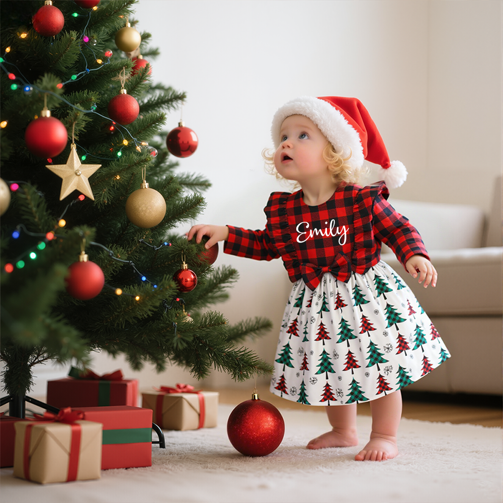 Personalized Girl Christmas Tree Grid Dress|YESMC17
