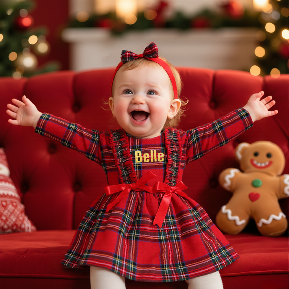 Personalized Girl Red Plaid Christmas Dress Set with Headband|YESMC18