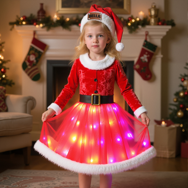 Personalized Leather Patch Christmas Led Dress with Hat| YESMC16
