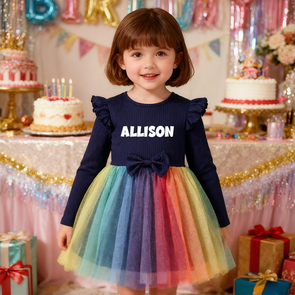 Personalized Girl Rainbow Mesk Dress| Dress34