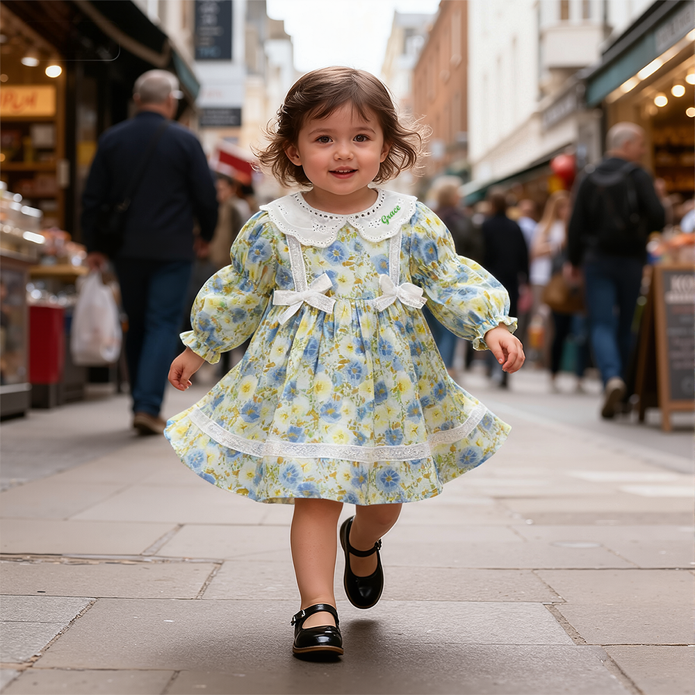 Personalized Girl Long Sleeve Floral Dress| Dress35
