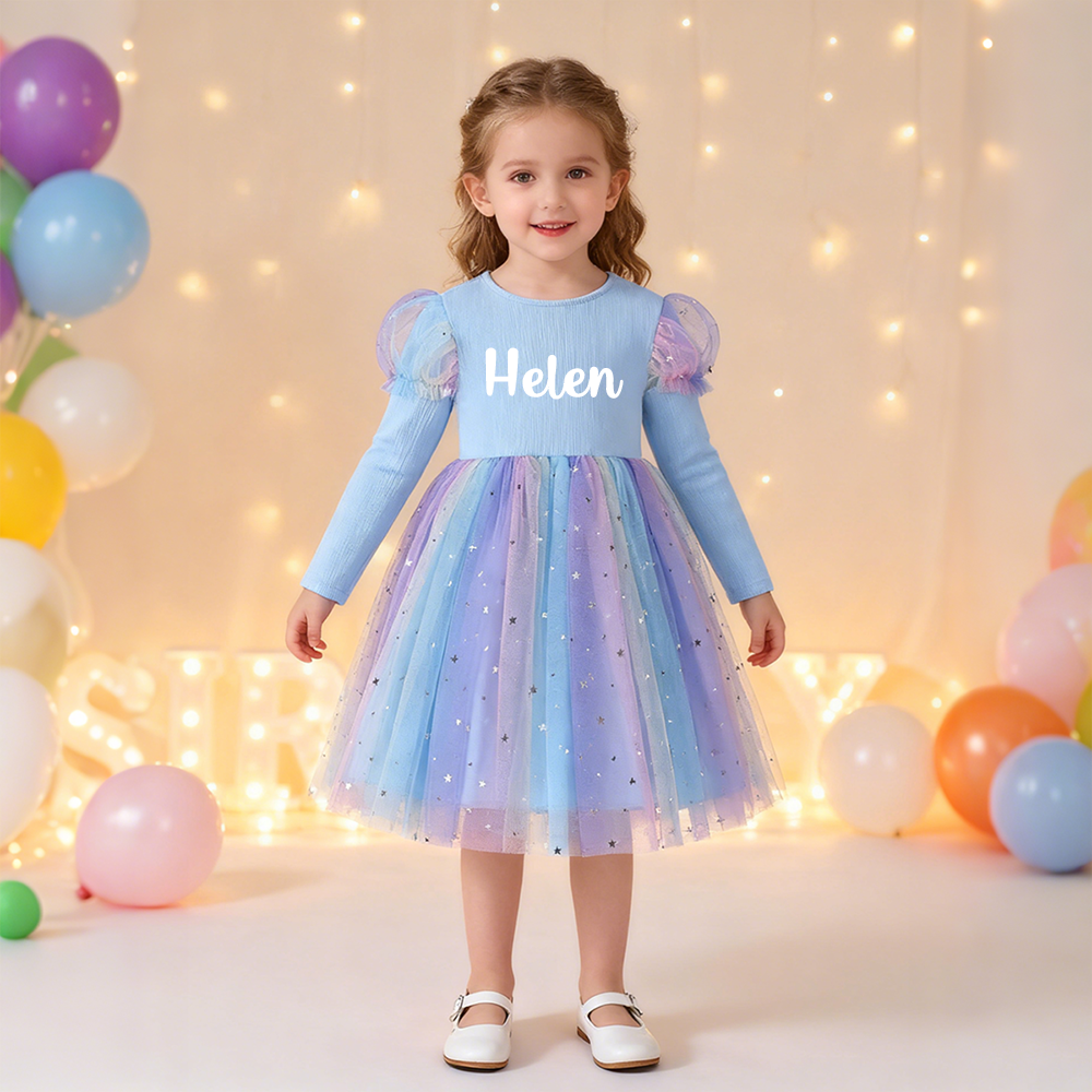 Personalized Girl Long Sleeve Blue Tulle Dress| Dress38