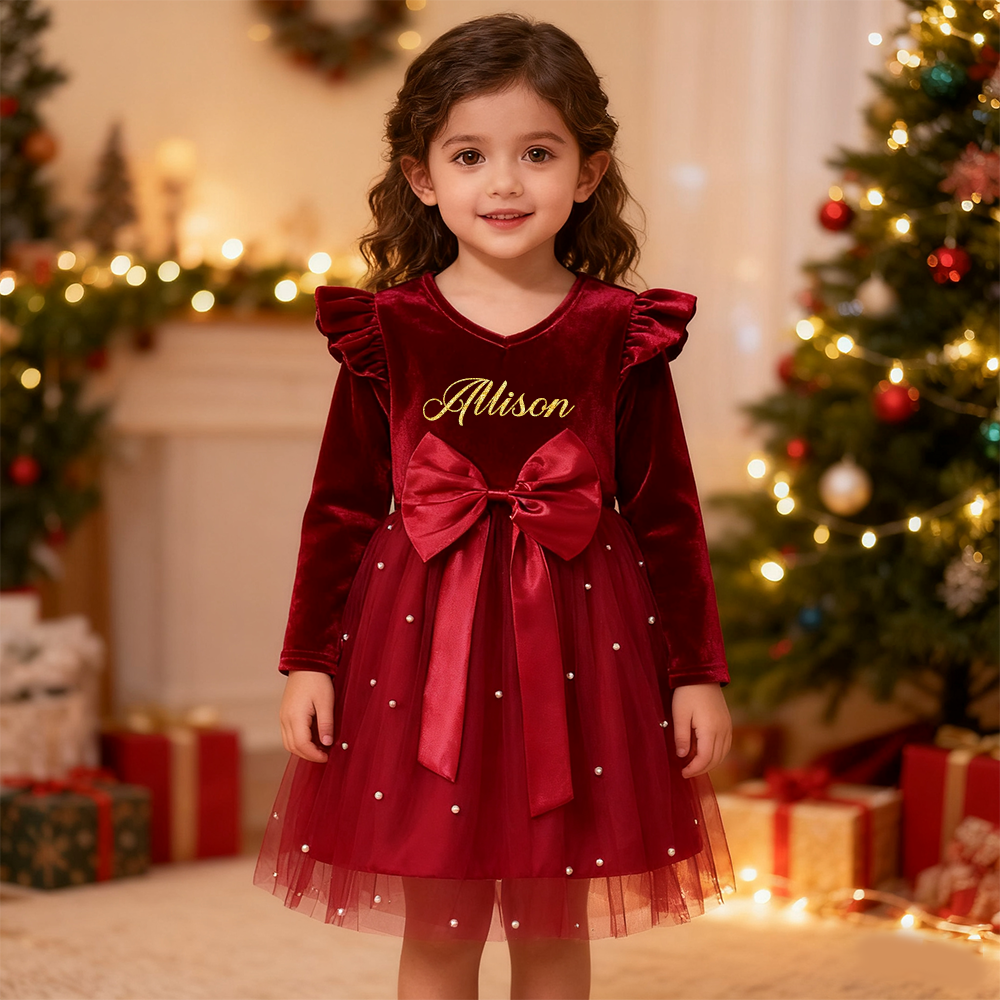 Personalized Girl Christmas Bow Red Tulle Dress| YESMC27
