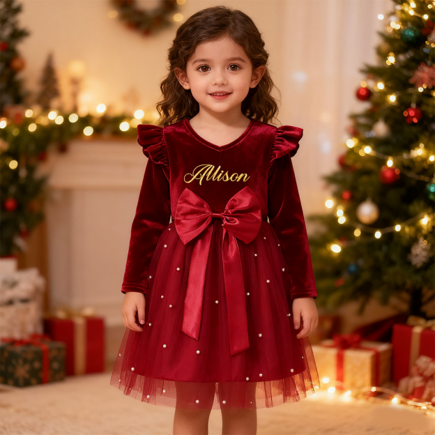 Personalized Girl Christmas Bow Red Tulle Dress| YESMC27