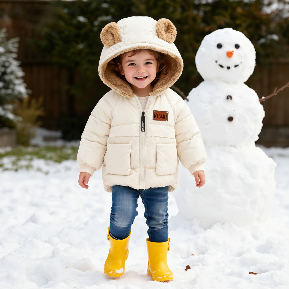 Personalized Leather Patch Kids Bear Ear Puffer Jacket| Cloth256