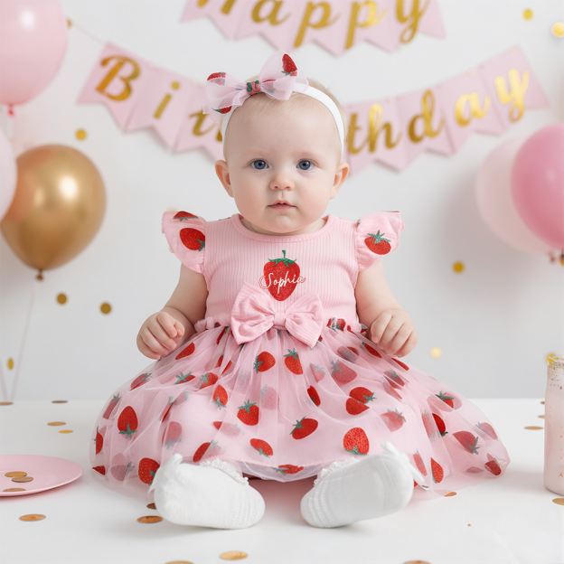 Personalized Girl Strawberry Mesh Dress With Headband| Dress48