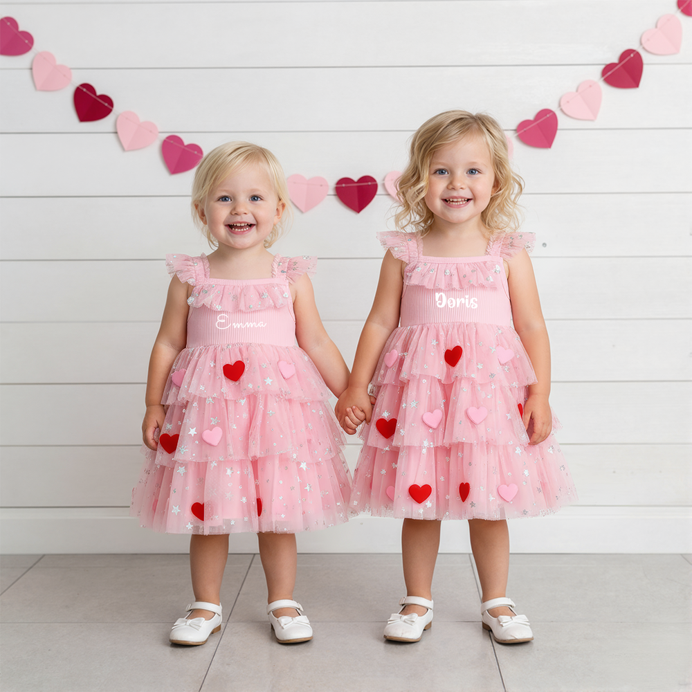 Personalized Girl Valentine's Day Heart Mesh Dress| YESVa05