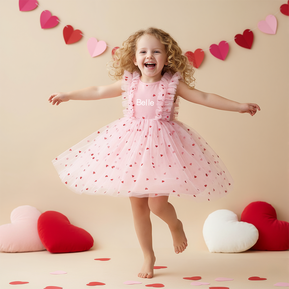 Personalized Girl Valentine's Day Heart Mesh Dress| YESVa08
