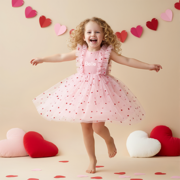 Personalized Girl Valentine's Day Heart Mesh Dress| YESVa08