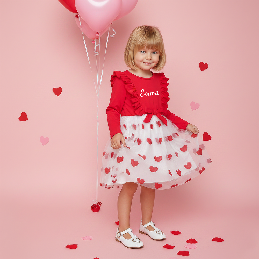 Personalized Girl Valentine's Day Heart Mesh Dress| YESVa09
