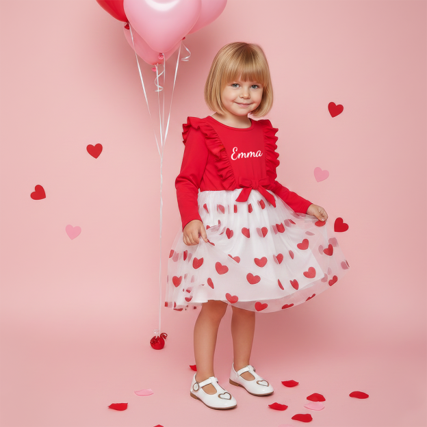 Personalized Girl Valentine's Day Heart Mesh Dress| YESVa09