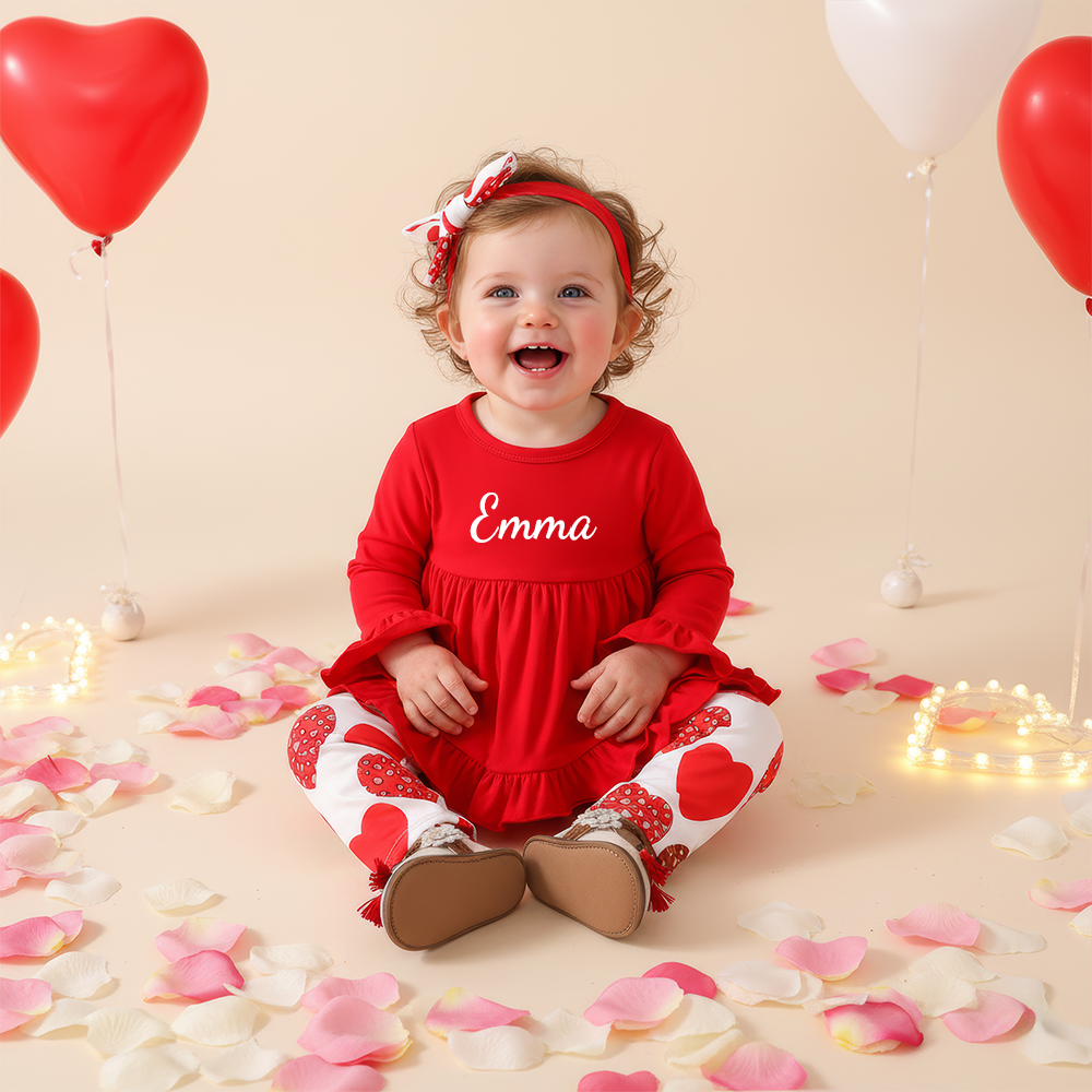 Personalized Girl Red Ruffle Top & Heart Pants Baby Set| YESVa14