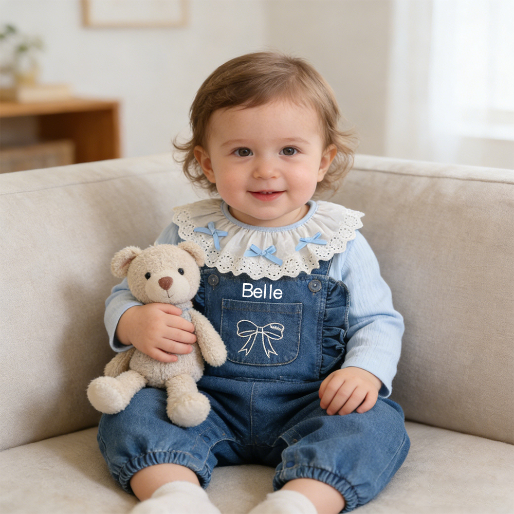 Personalized Baby Girl Lace Collar Top & Denim Overalls Set| Pants36