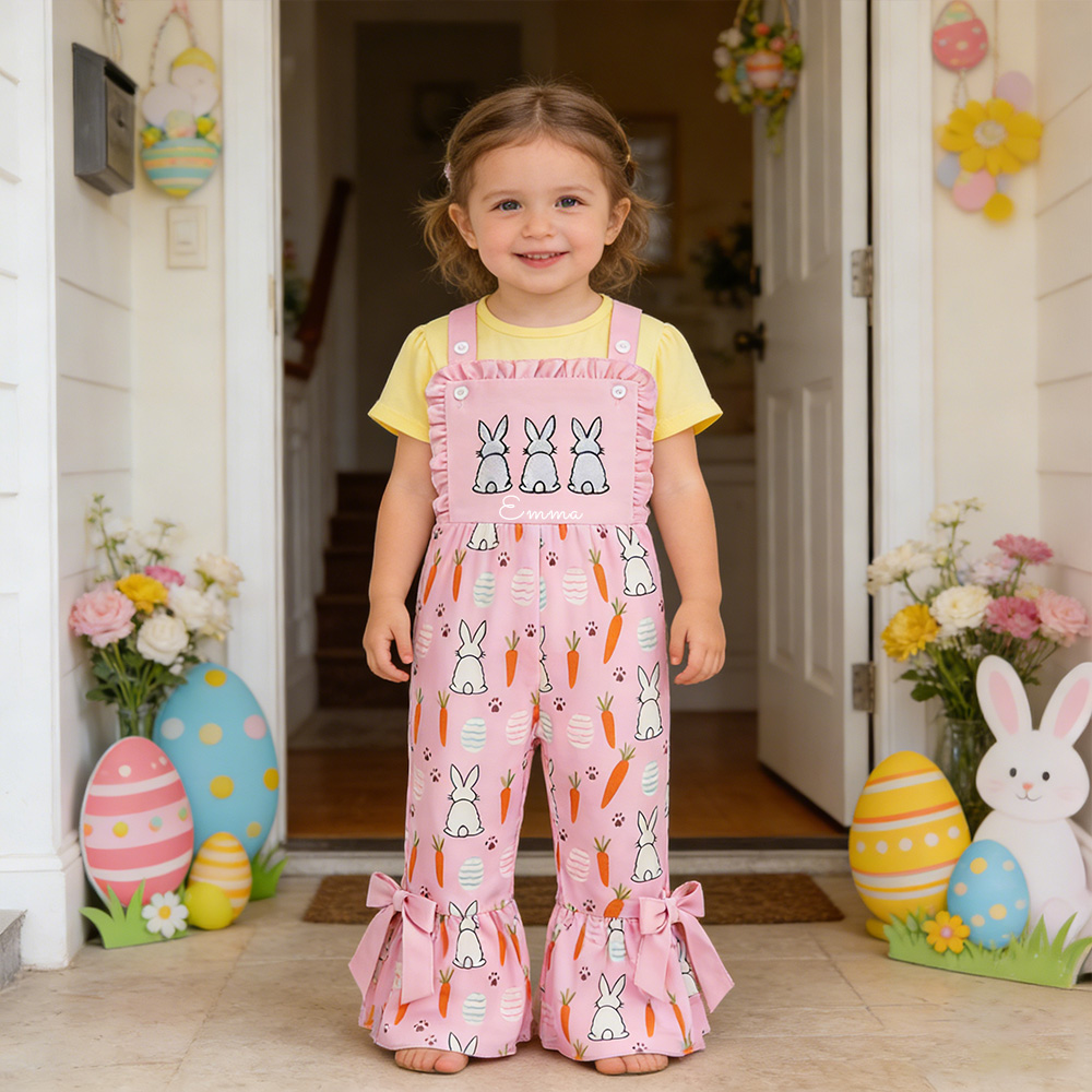 Personalized Girl Easter Bunny Pink Overalls| Pants39