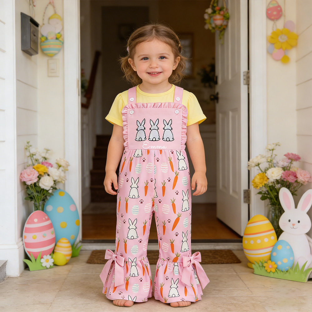 Personalized Girl Easter Bunny Pink Overalls| Pants39