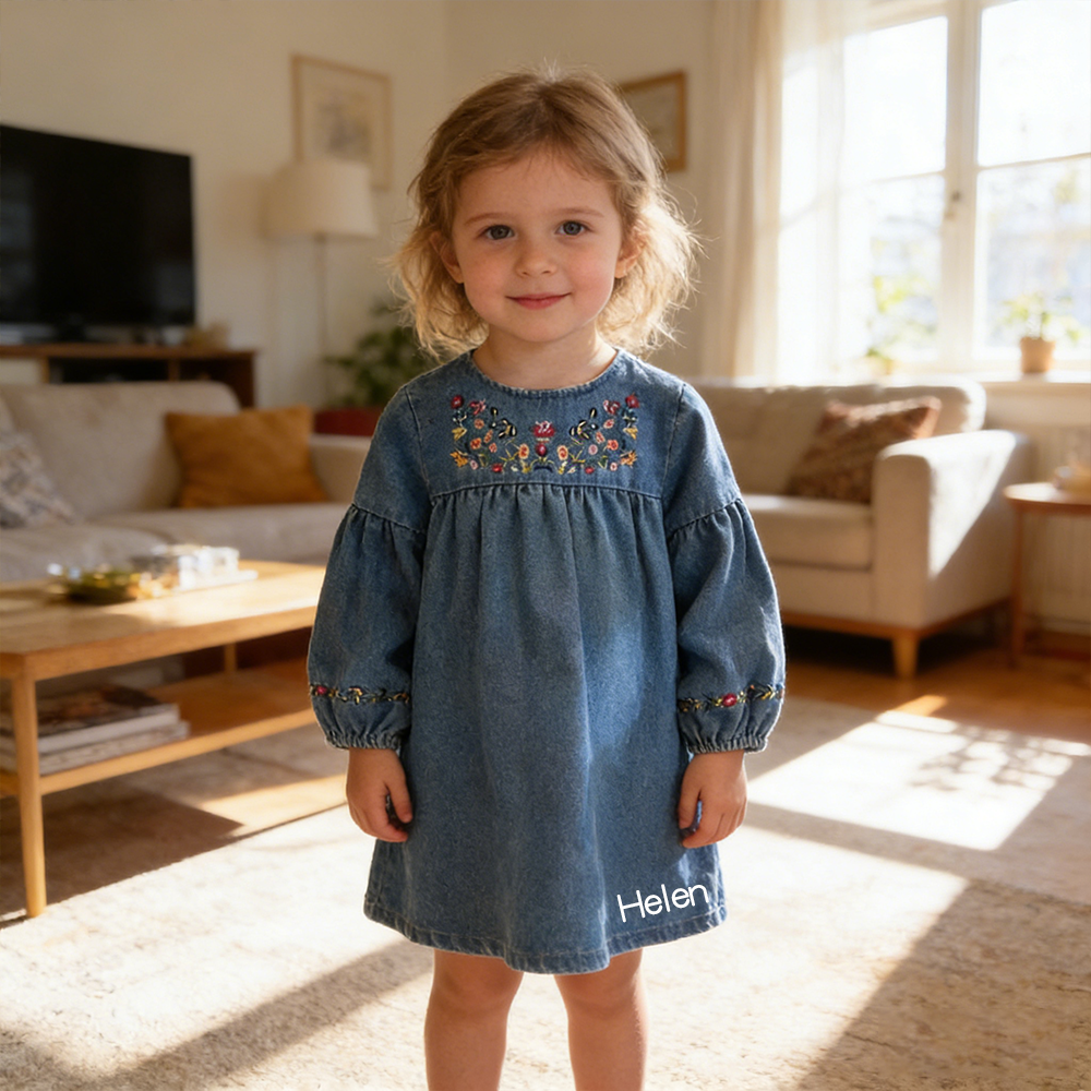 Personalized Girl Embroidered Denim Floral  Dress| Dress68