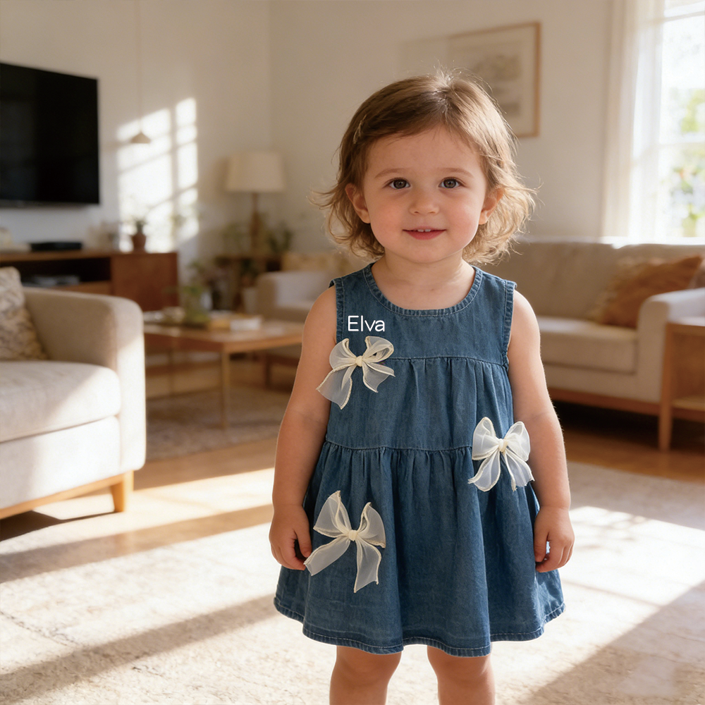 Personalized Girl Summer Bow Sleeveless Denim Dress| Dress71