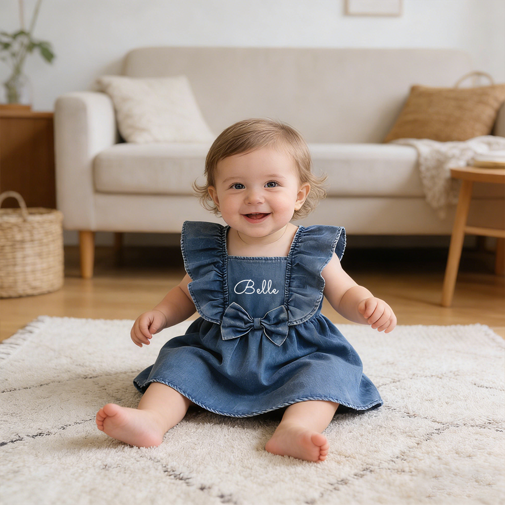 Personalized Girl Ruffle Shoulder Denim Dress| Dress73