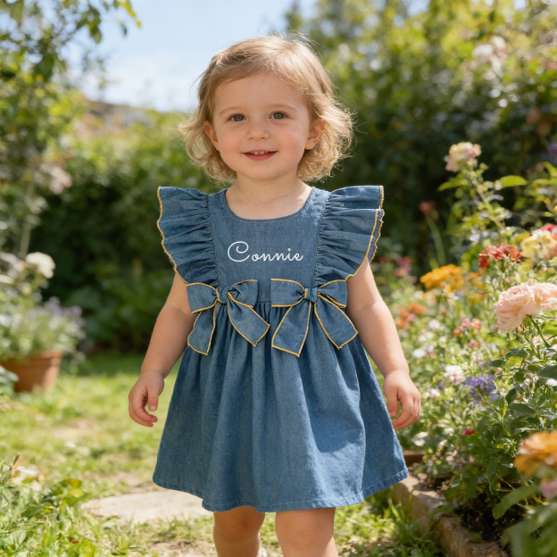 Personalized Girl Ruffle Shoulder Denim Dress| Dress74