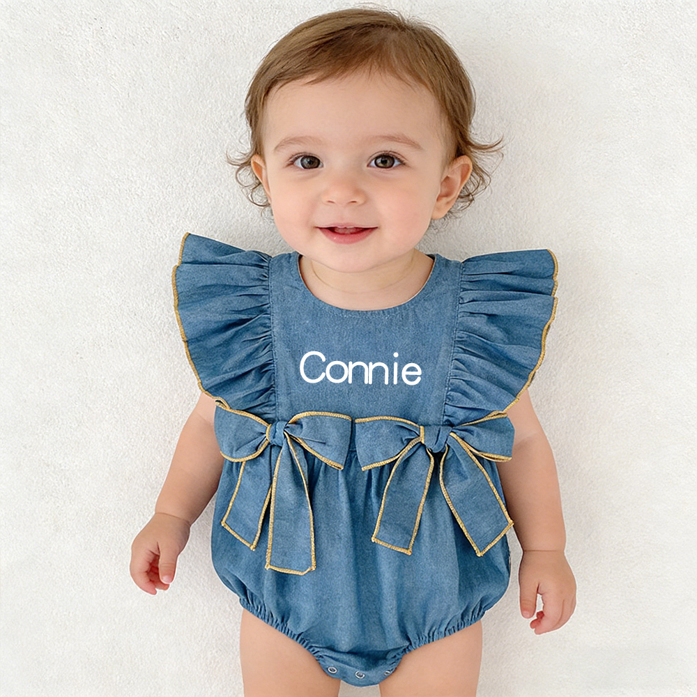 Personalized Baby Girl Ruffle Shoulder Denim Romper| BBcloth123