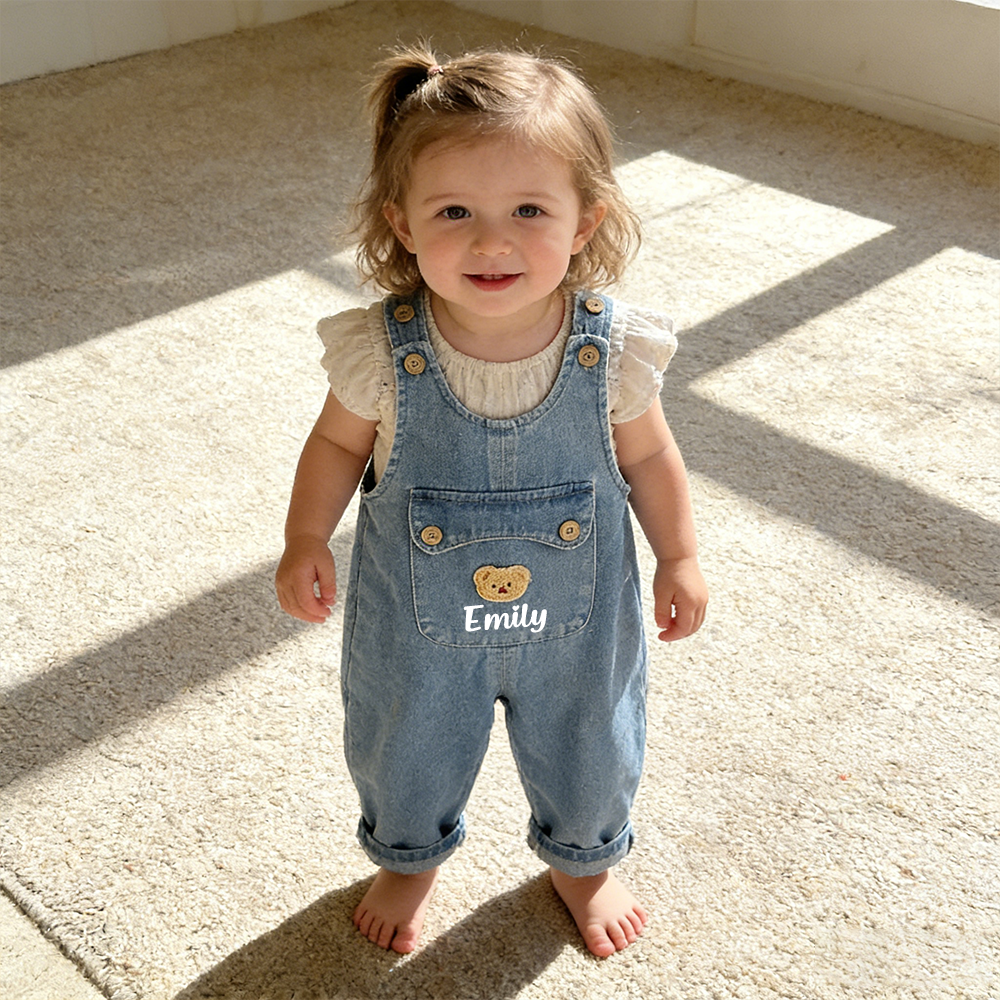 Personalized Kids Bear Patch Denim Overalls Set| Pants46