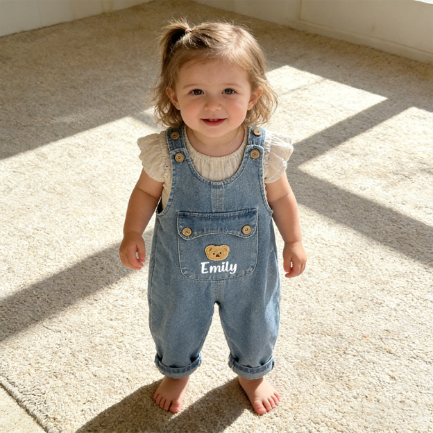 Personalized Kids Bear Patch Denim Overalls Set| Pants46