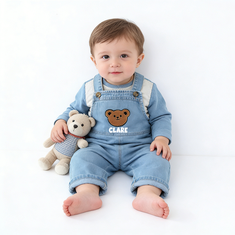 Personalized Kids Bear Patch Denim Overalls| Pants47