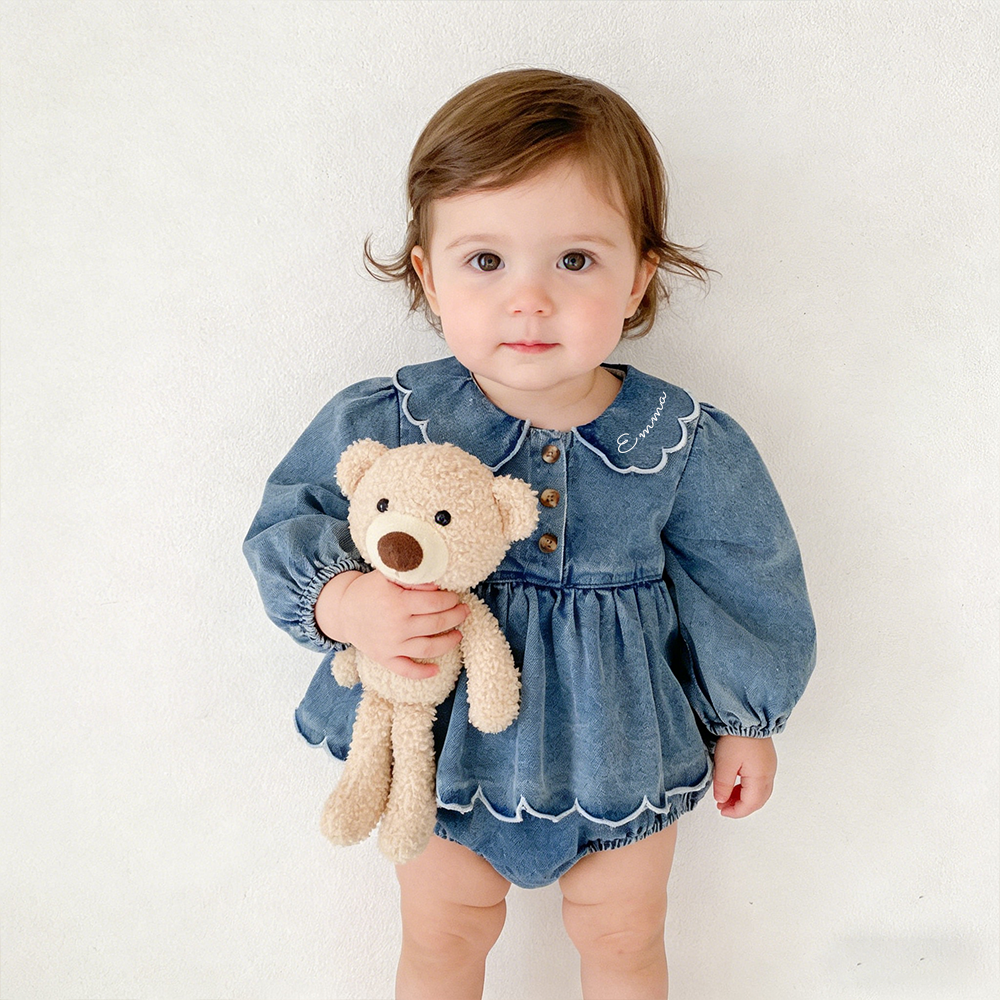 Personalized Baby Girl Ruffled Denim Bubble Romper| BBcloth130