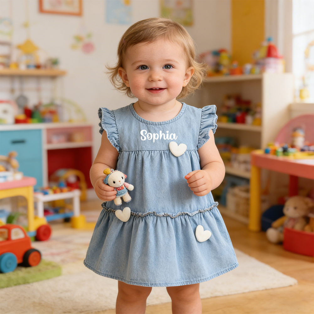 Personalized Baby Girl Heart Denim Dress| Dress76