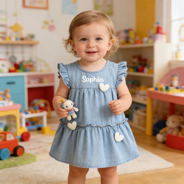 Personalized Baby Girl Heart Denim Dress| Dress76